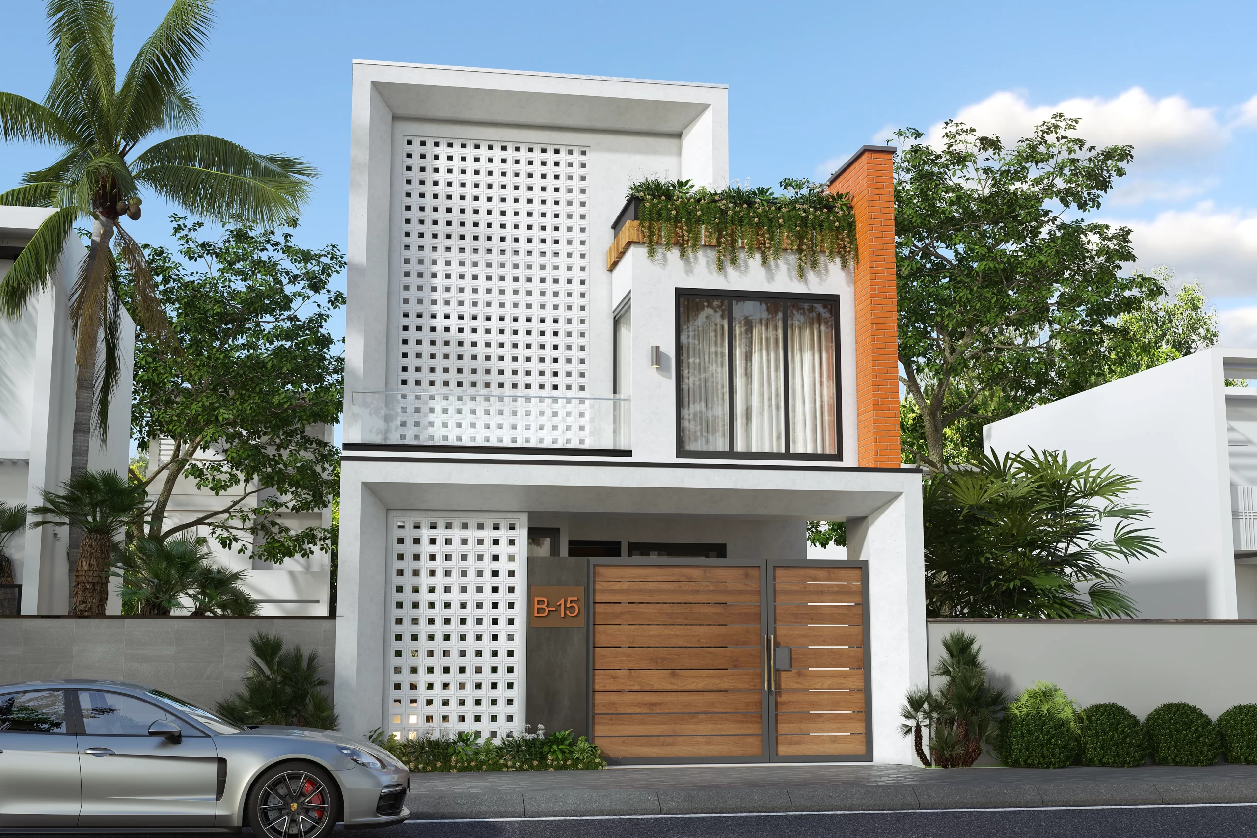 Exterior view of a modern building featuring concrete breeze blocks BB02.