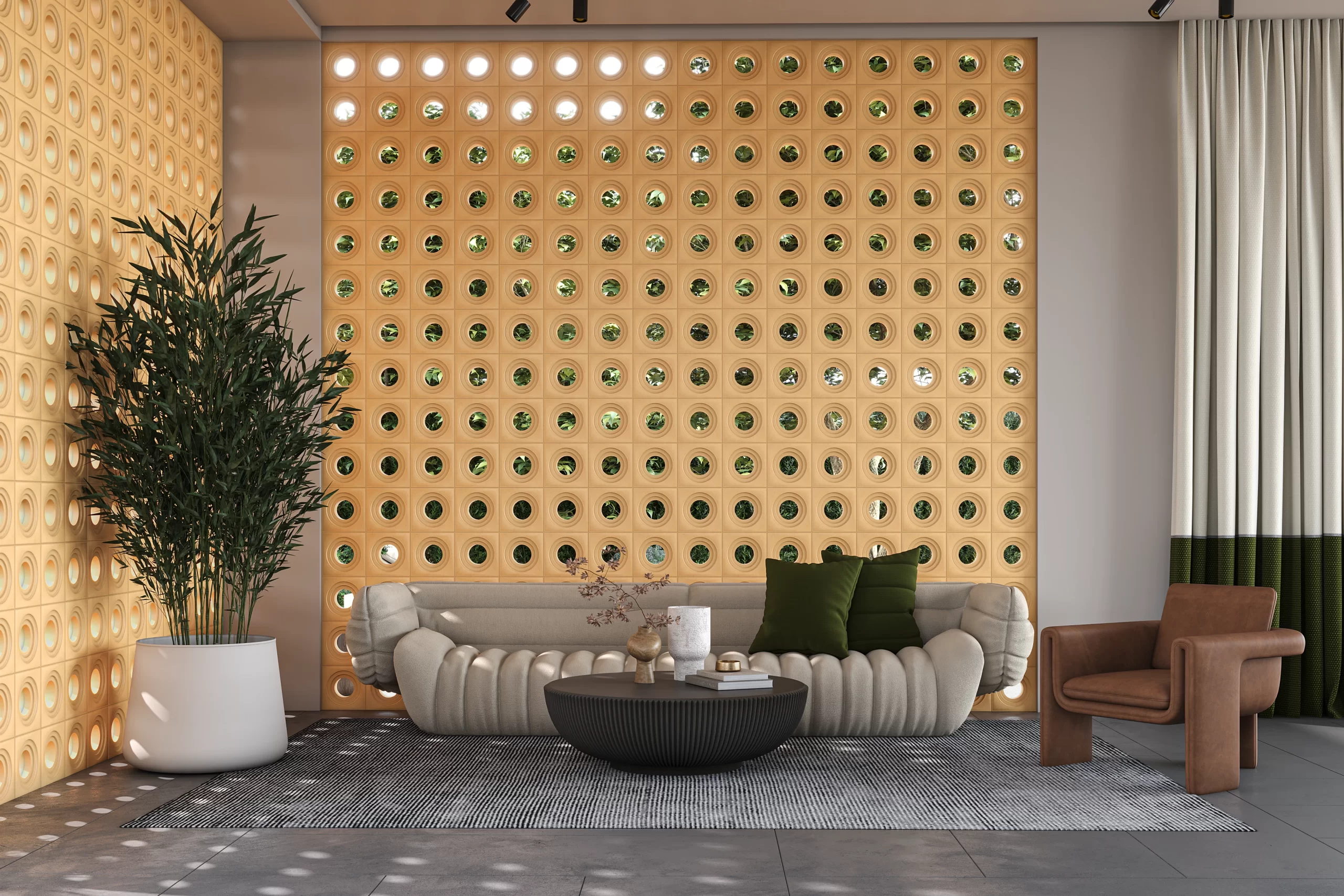 Unique wall design with concrete breeze block BB03 in a contemporary setting.