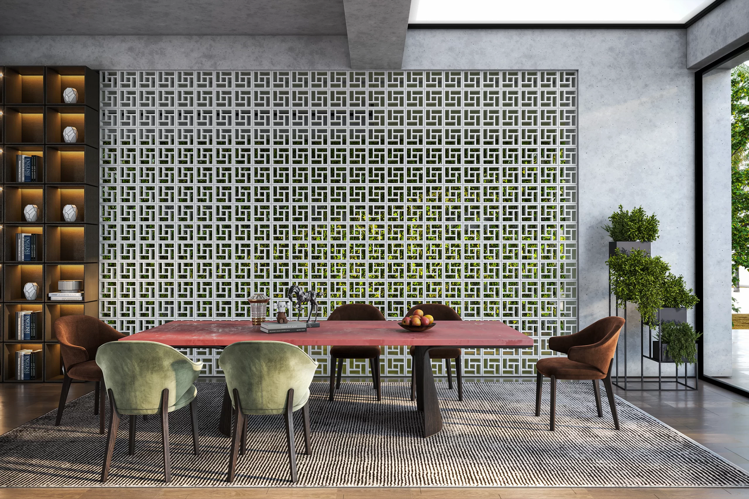 Installed concrete breeze blocks BB04 in a modern dining area.