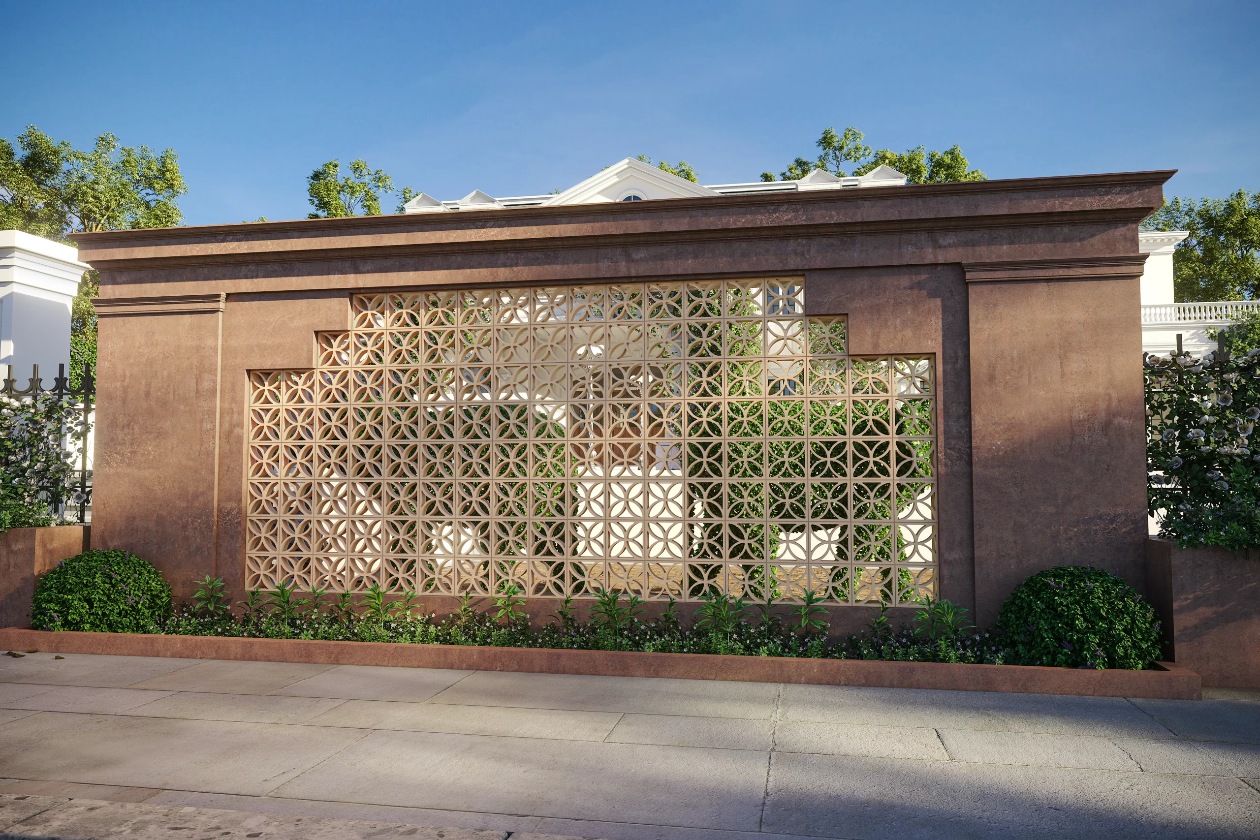 Garden installation with BB05 concrete breeze blocks in an outdoor setting.
