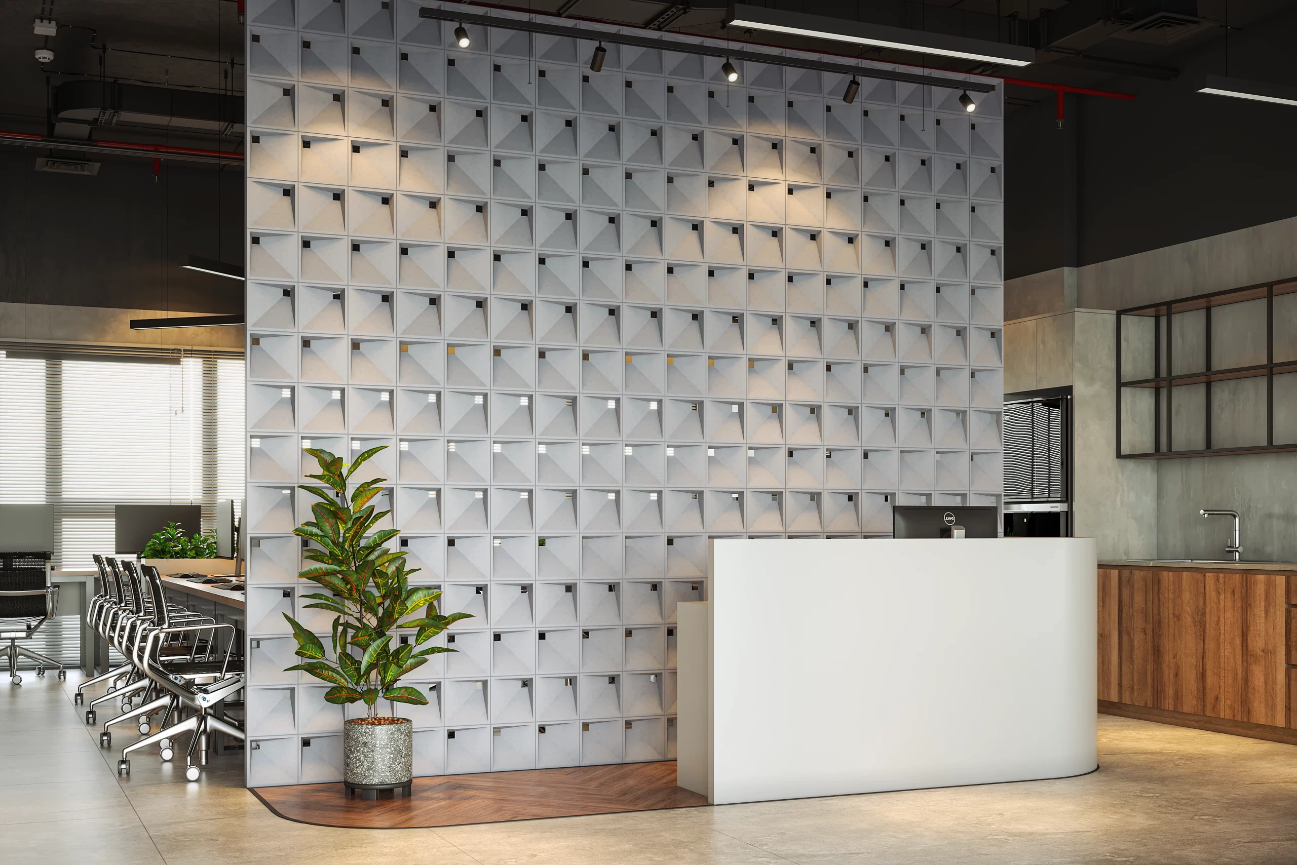 A modern office featuring BB07 concrete breeze block wall design.