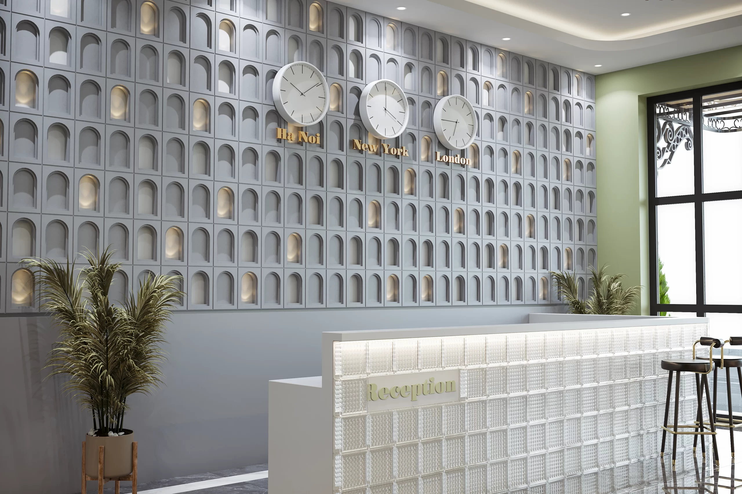 Reception area highlighted by Toran concrete breeze blocks and elegant decor.