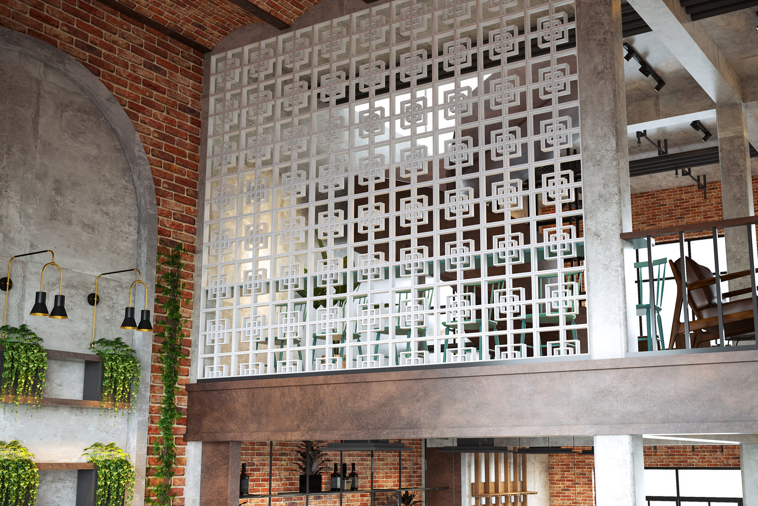 Durable concrete breeze blocks wall in a cafe setting enhancing the ambiance.