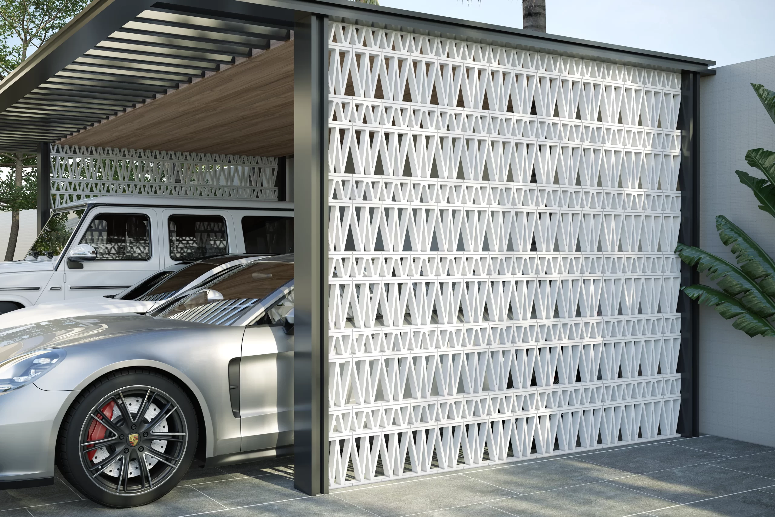 W-shaped design of the concrete breeze block used in a contemporary parking space.