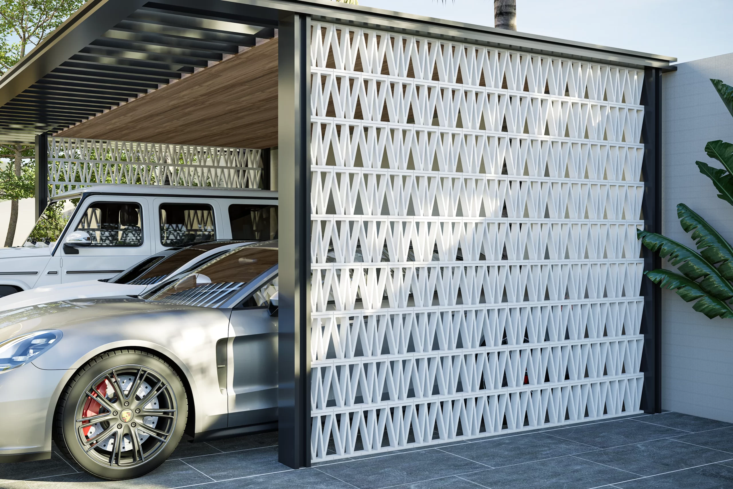 W-shaped design of the BB11 concrete breeze block used in a contemporary parking space.